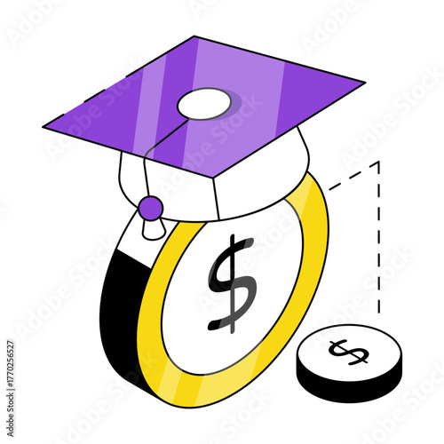 Mortarboard and dollar, isometric design of scholarship 