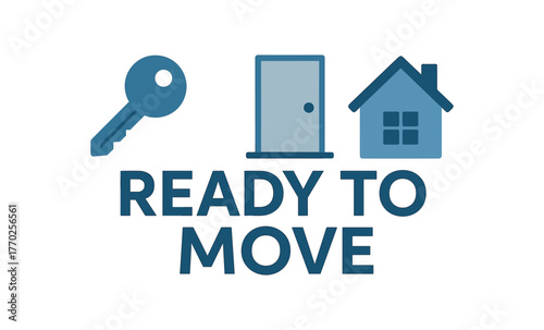 Flat vector banner design text READY TO MOVE supporting icons of key door and house blue and silver tones isolated on white marketing approved bright palette with balanced saturation clean