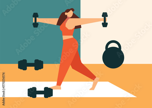 Modern vector illustration of a woman exercising indoors with dumbbells on a yoga mat, wearing orange sportswear. Minimalist colorful background, concept of fitness and healthy lifestyle.