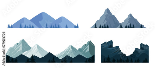 Set of beautiful mountains in cartoon style. Vector illustration of mountains of different sizes and shapes: low, medium, high, rounded, spired isolated on white background. Mountain systems.