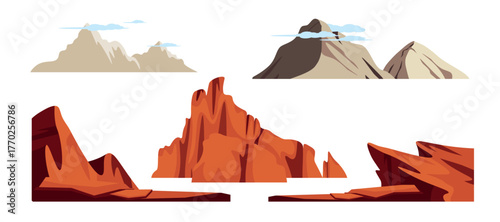 Set of different natural mountains, gorges, rocks in cartoon style. Vector illustration of beautiful outdoor spired mountains with clouds, desert rocks, surfaces isolated on white background.
