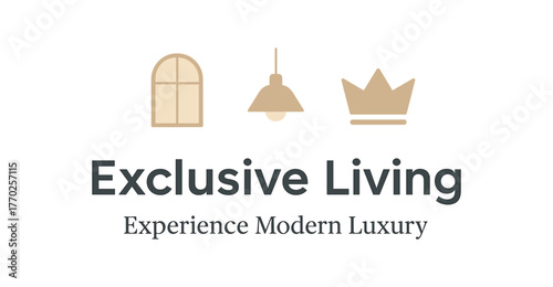 Exclusive living experience modern luxury banner with window, lamp and crown icons. Premium real estate promotion. Flat vector illustration.