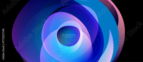 Abstract layered shapes create vibrant, flowing design. Blue, purple hues dominate central glowing core. Modern aesthetic.