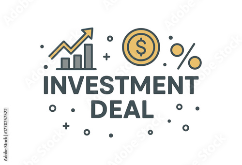 Flat vector banner design text INVESTMENT DEAL supporting icons of chart coin and percent gray and gold tones isolated on white marketing approved bright palette with balanced saturation