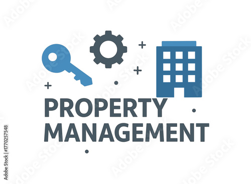 Flat vector banner design text PROPERTY MANAGEMENT supporting icons of key gear and building gray and blue tones isolated on white marketing approved bright palette with balanced saturation