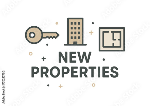 Flat vector banner design text NEW PROPERTIES supporting icons of key building and plan gray and beige palette isolated on white marketing approved bright palette with balanced saturation