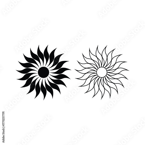 Stylized Sun Icons, Solid and Outline Set