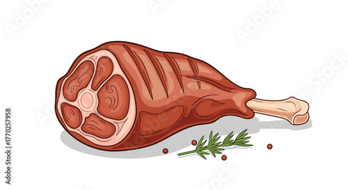 A culinary illustration of a delicious roasted meat leg, featuring visible bone, grill marks, rosemary, and red peppercorns.
