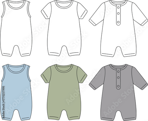 Baby romper fashion bundle vector set, infant bodysuit flat sketch pack, kidswear clothing CAD design template, unisex babywear illustration