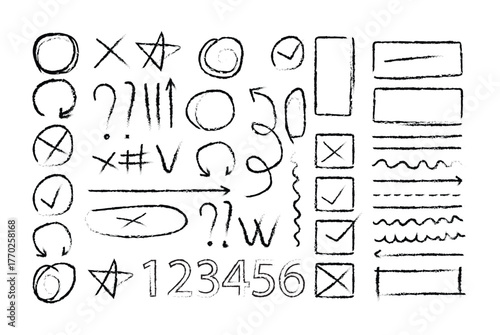Hand-Drawn Sketch Doodle Element's. Arrows, Circles, Checkmarks, Lines & Symbols. Black brush strokes bundle.