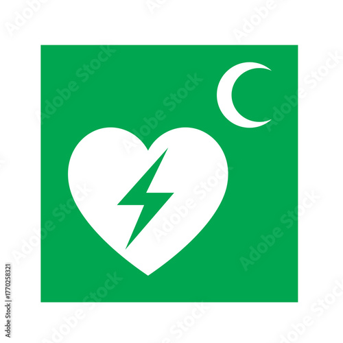 Automated heart defibrillator (AED) crescent variant vector design safety sign standar ISO 7010