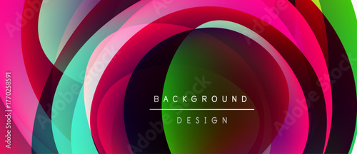 Abstract colorful layers create dynamic circular design. Vibrant gradients blend, forming modern background element. Text reads background design.