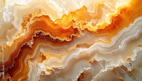 A mesmerizing abstract onyx texture features swirling patterns of amber and creamy beige color variations now.