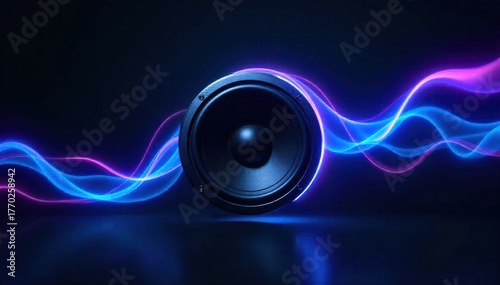 Futuristic glowing speaker system with abstract light trails, representing advanced soundscapes. An abstract scene featuring a sleek, futuristic speaker emitting vibrant, glowing blue and purple light