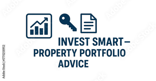 Flat vector banner design text INVEST SMART PROPERTY PORTFOLIO ADVICE supporting icons of chart key and document navy and beige palette isolated on white marketing approved bright palette