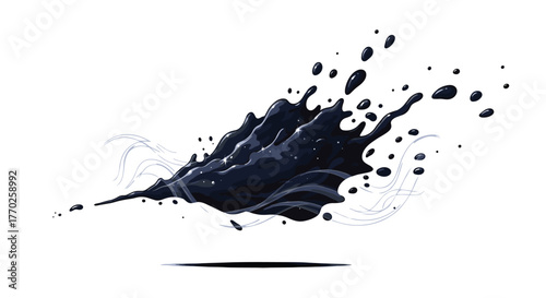 Viscous black liquid splashing dynamically with numerous droplets and a reflective surface, illustrating fluid motion and impact.