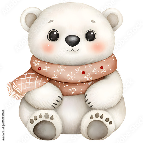 Cute baby polar bear animal wearing warm scarf for winter. This charming character has happy and cozy expression