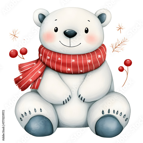 Happy cute baby polar bear wearing cozy red scarf for festive winter celebration. smiling, charming character