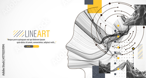 Creative illustration. The outline of the head with waves in the middle is complemented by various technological art elements.