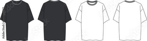 Blank t-shirt vector mockup front and back view, plain black and white oversize tee template, apparel fashion flat design