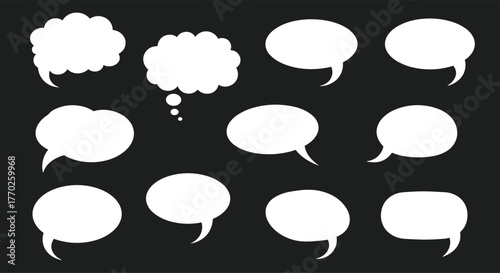 A collection of various white speech and thought bubbles in different shapes and styles, set against a dark grey background.