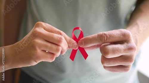 Close-up of male hand offering red awareness ribbon to female hand representing collective support for World AIDS Day awareness.