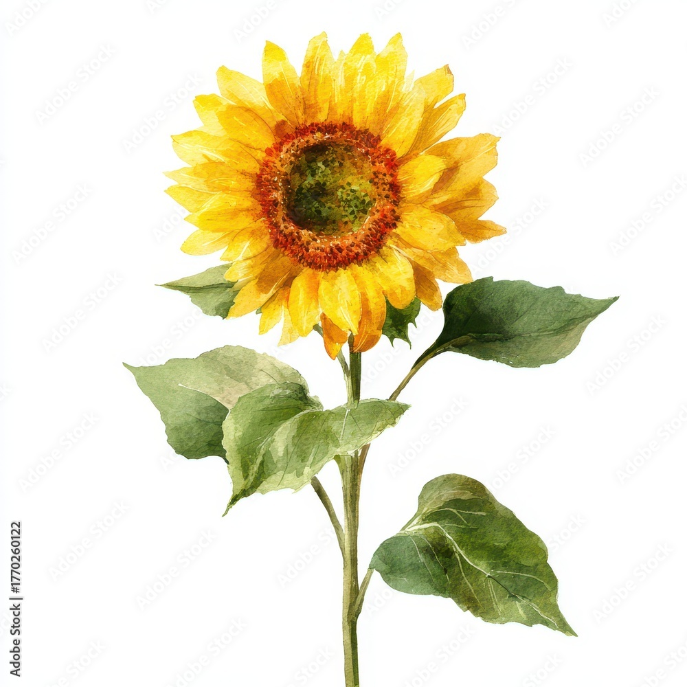 Fototapeta premium Single Sunflower Watercolor. Yellow Blossom with Summer Vibes on White Background