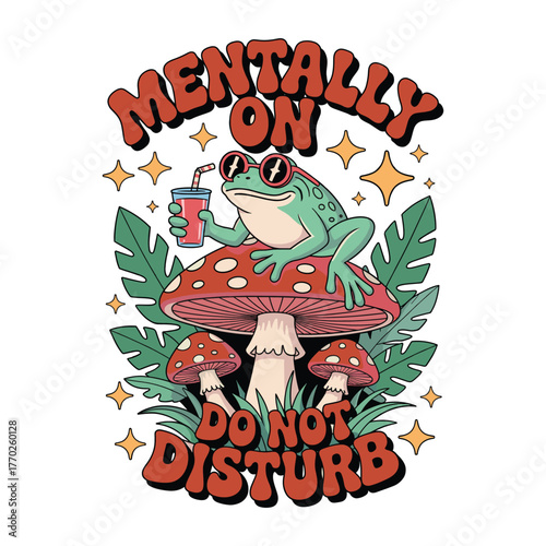 Frog chilling on mushroom vector illustration Mental health do not disturb design