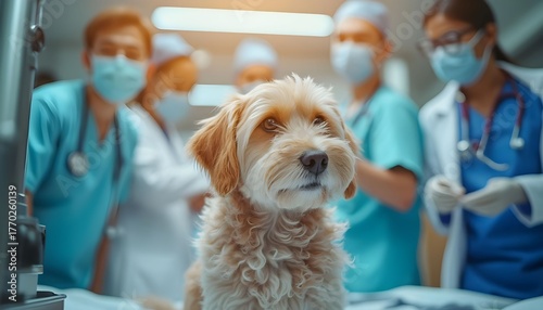 Dog receiving medical care from a team of veterinarians in a clinic during the day Generative AI
