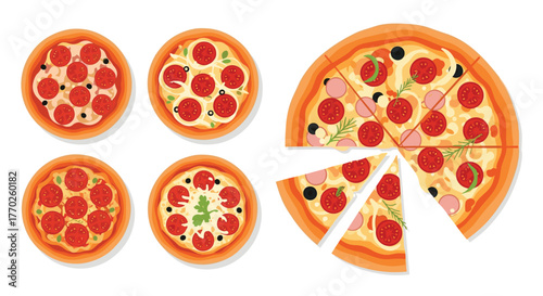 Flat lay of multiple pizzas featuring diverse ingredients like pepperoni, olives, and herbs, with one large pizza partially sliced.