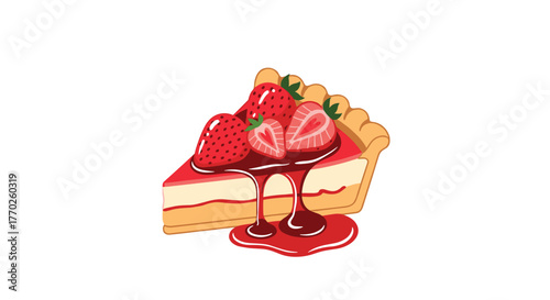 A delicious slice of strawberry cheesecake pie with fresh strawberries and strawberry sauce dripping, isolated on a white background.