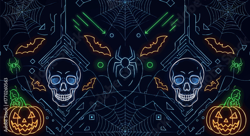 Spooky Cyber Halloween Seamless Banner with Glowing Neon Skulls, Bats, and Pumpkins on a Dark Background