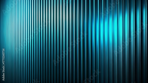 3d illustration of a wall of vertical, corrugated metal panels illuminated by a bright, cool blue light, creating a sleek, modern, and industrial textured background