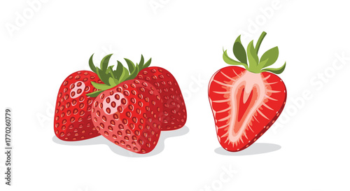 An inviting illustration of fresh, ripe red strawberries, showing whole fruits and one sliced to reveal its juicy interior, on a white background.