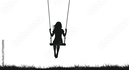 A silhouette of a young woman sitting on a swing with a patch of grass visible at the bottom edge of the frame against a white background.