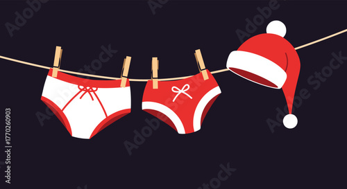 Red and white underwear and a Santa hat are hanging on a clothesline, evoking a festive and playful Christmas laundry theme.