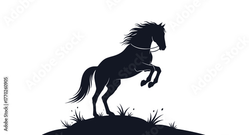 Silhouette of a rearing horse on a hillock with grass, in dark gray on a white background, for equestrian and wild west themes.