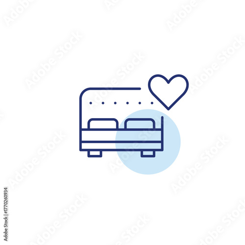 Double bed and heart. Romantic hotel, honeymoon suite. Pixel perfect, editable stroke vector icon