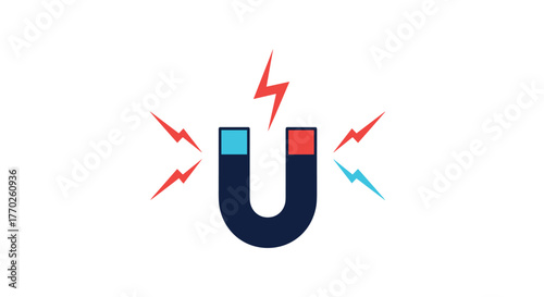 A visual representation of a horseshoe magnet with a blue and red side, generating magnetic fields with lightning-like bolts on a white background, perfect for educational concepts or design themes.