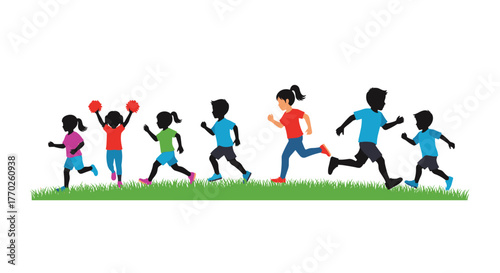 Children running and playing on a grassy field, enjoying outdoor activities and childhood fun, symbolizing youthfulness and energy.