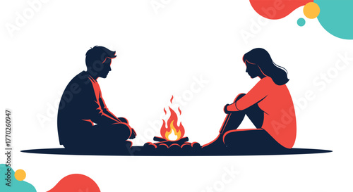 Couple sitting by a campfire at night, sharing a moment of intimacy and connection in nature, under the stars and flames, during a serene outdoor adventure experience.