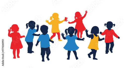 A vibrant illustration of children silhouettes in various poses, dancing and playing, against a clean white background.