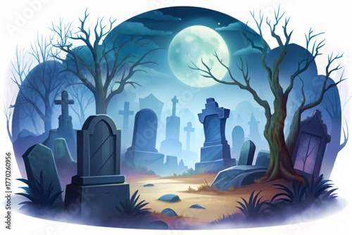 Old graveyard with tombstones covered in mist under moonlight representing eerie Halloween mood