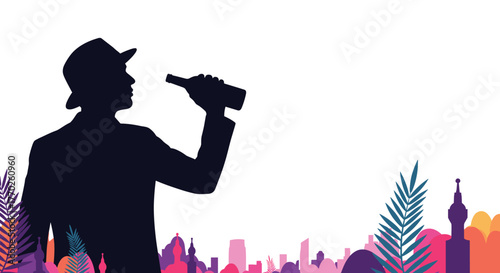 Silhouetted man in hat drinking from a bottle with an urban or tropical cityscape backdrop, creating a mysterious and sophisticated atmosphere.