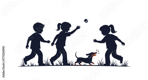 Silhouetted children and a dog playing with a ball in a grassy area, illustrating the joy of outdoor play and companionship with pets.