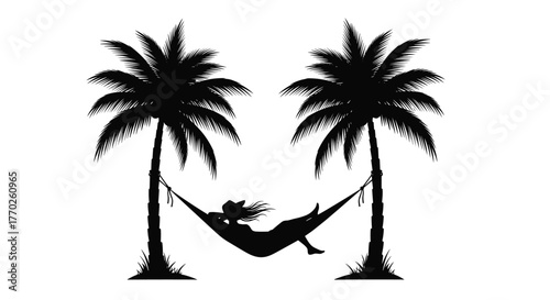 Silhouette of a person in a hammock strung between two palm trees, evoking a relaxing vacation or tropical getaway.