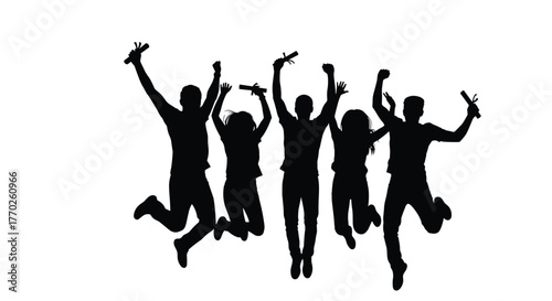 Silhouette of excited graduates celebrating their success, holding diplomas, and jumping for joy.