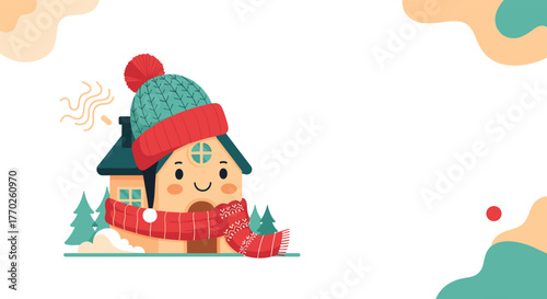 Cute cartoon house wearing a winter hat and scarf, with smoke coming from the chimney.