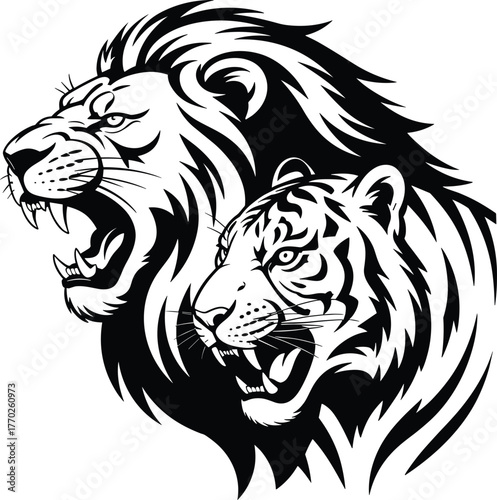 Wallpaper Mural Black and white roaring lion and tiger heads graphic Torontodigital.ca