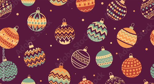 Festive Christmas ornament pattern on a rich plum background, evoking holiday cheer and seasonal decorations.